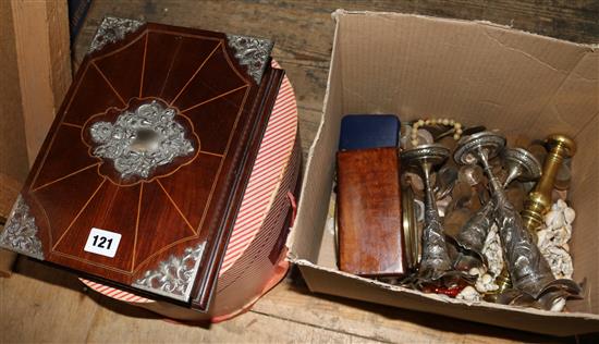 Clock, coins, metal vases, beads & hat box